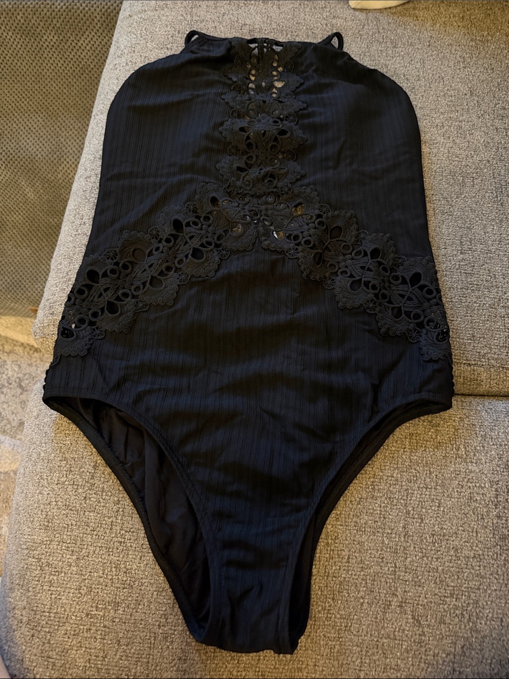 NWTs. Hygiene Liner in tact. Tahari high neck Swimsuit with Lace Appliqué
